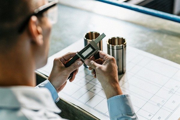 Engineer measuring metal parts with caliper tool (ID#3)