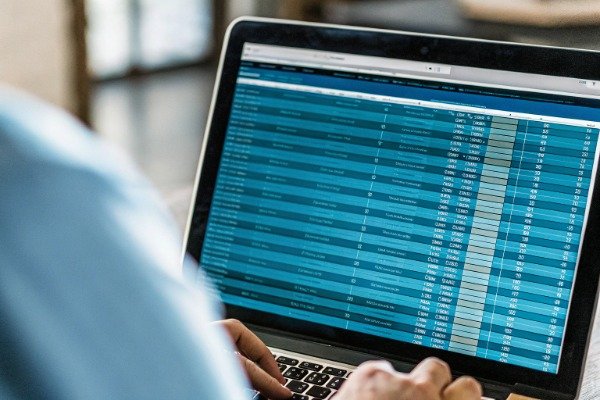 Laptop screen displaying a detailed ERP system spreadsheet for data management (ID#4)