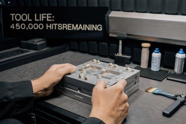 Skilled technician handling meticulously maintained stamping die (ID#5)