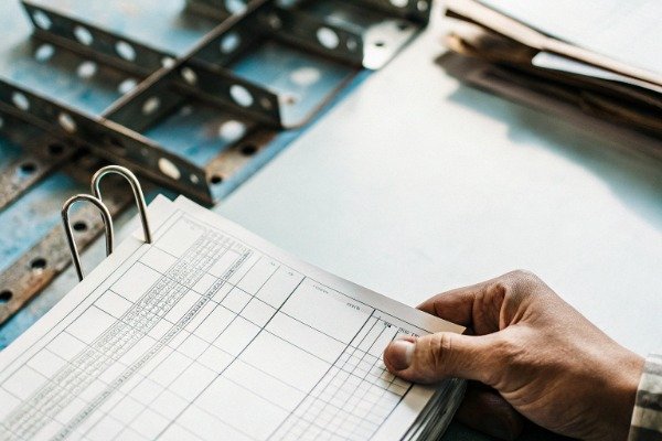 Close-up of hand holding stack of official test reports (ID#5)
