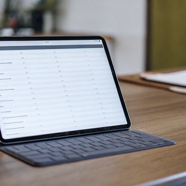 Tablet with spreadsheet on wooden desk (ID#1)