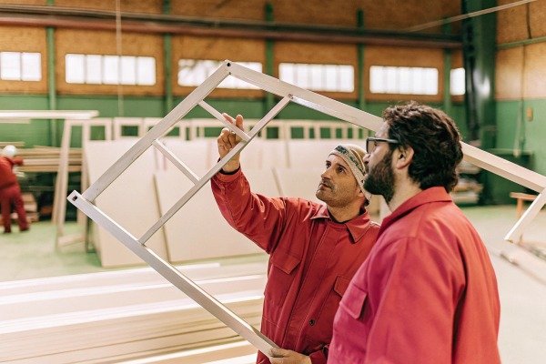 Two workers examining metal frame in factory (ID#2)