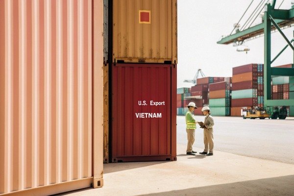 Two workers discussing near shipping containers (ID#4)