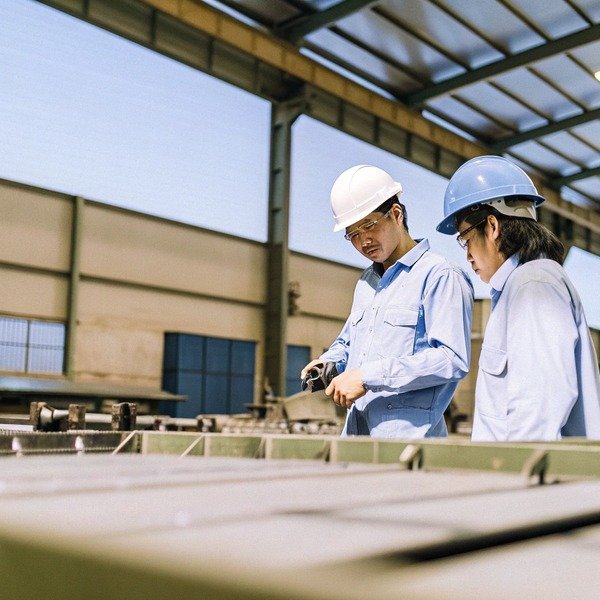 Two workers inspecting machinery in factory (ID#1)