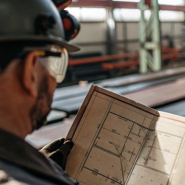 Worker reviewing construction blueprint plans (ID#1)