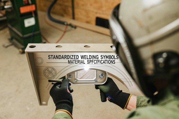 Technician inspecting welding symbols on metal plate (ID#5)