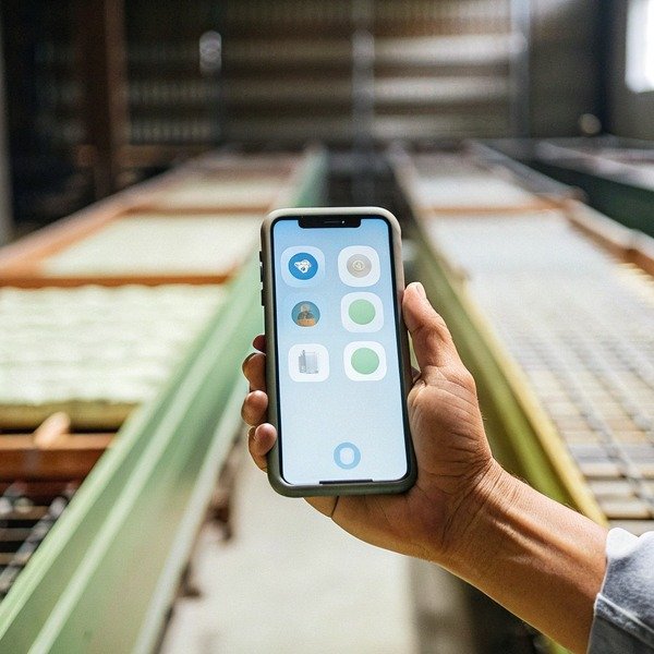 Hand holding smartphone with app interface in factory (ID#1)