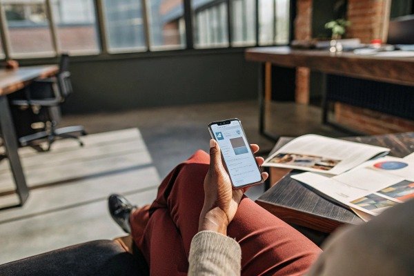 Person reading on smartphone in modern workspace (ID#5)