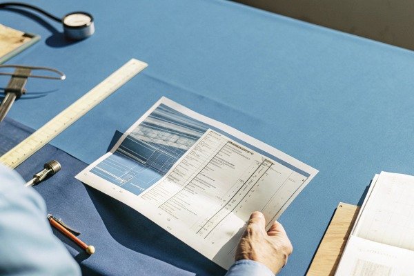Person reviewing technical documents at desk (ID#2)