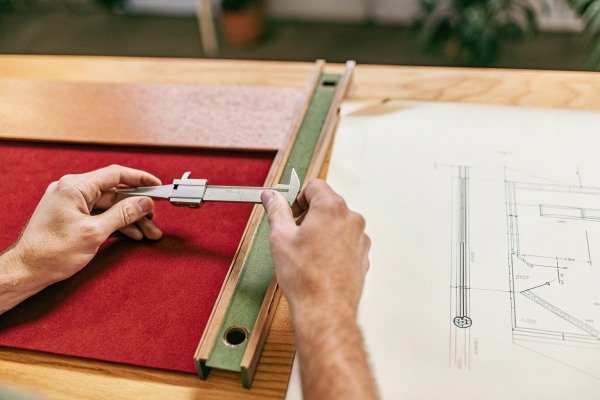 Hands measuring with caliper and blueprint (ID#2)