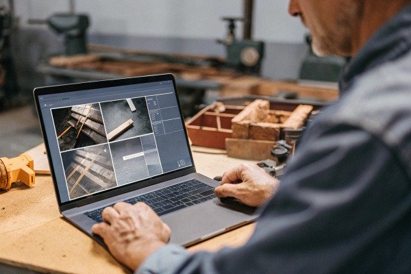 Man using laptop for construction plans (ID#3)