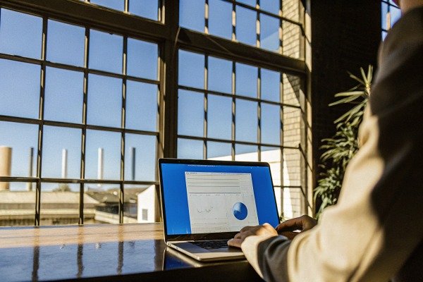 Person using laptop near window with sunlight (ID#5)