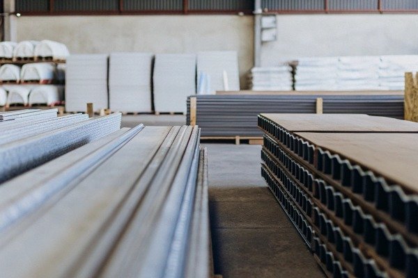 Stacked metal sheets in warehouse storage (ID#4)