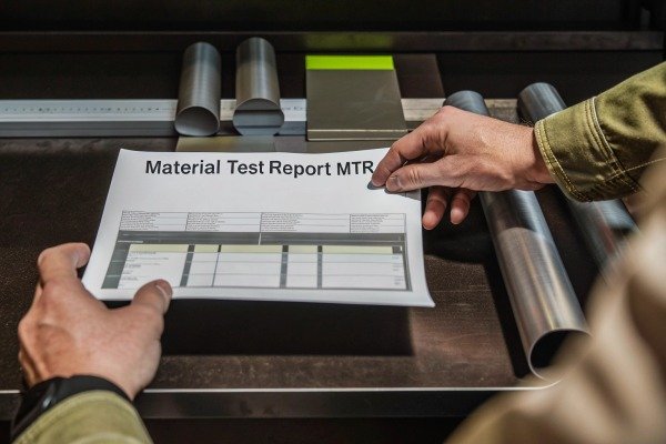 Person holding material test report near metal pipes (ID#2)