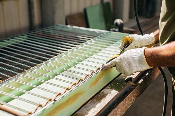 Worker welding metal bars with gloves on (ID#3)
