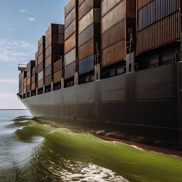 Cargo ship side view with containers on water (ID#1)