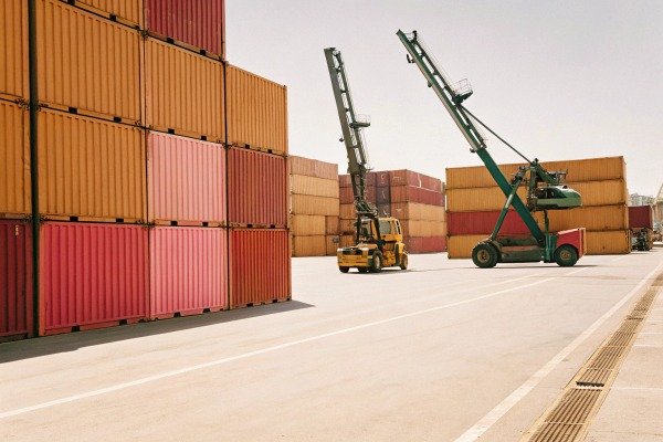 Forklift and crane moving containers outdoors (ID#3)