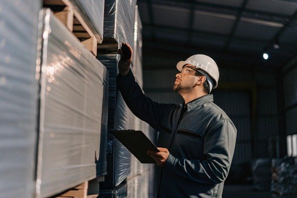 Worker inspecting stacked pallets in warehouse (ID#4)