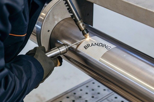 Worker branding metal cylinder with torch (ID#4)