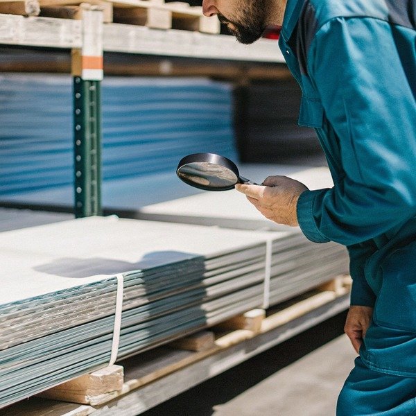 Worker inspecting stacked materials with magnifying glass (ID#1)