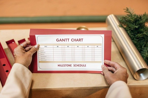 Hands holding Gantt chart milestone schedule (ID#4)