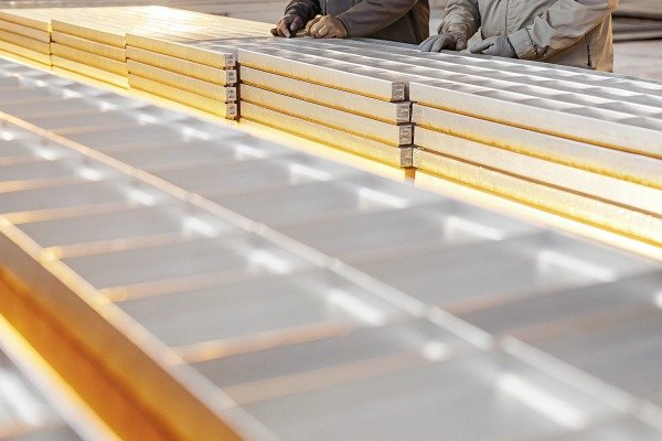 Workers handling stacked metal beams (ID#5)