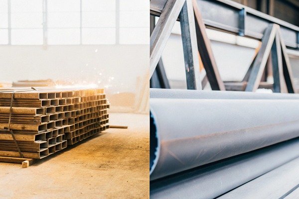 Stacked metal pipes and beams in warehouse (ID#4)