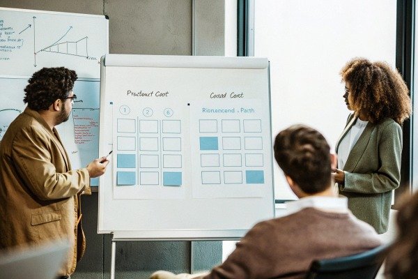 Team discussing project on whiteboard (ID#4)