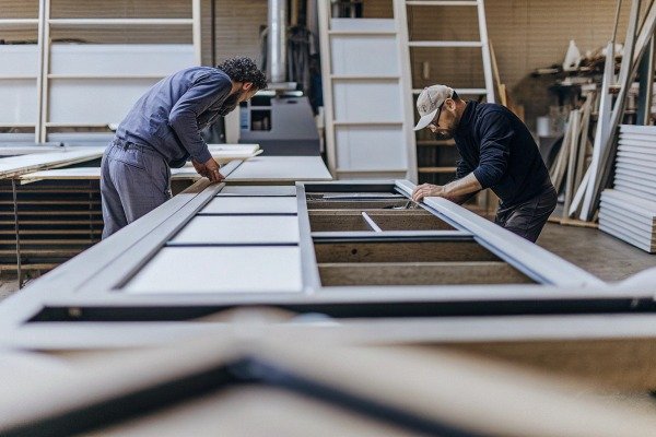 Two workers assembling large metal frame indoors (ID#2)