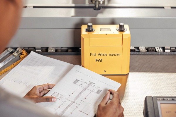 Engineer reviewing technical drawings and device (ID#5)