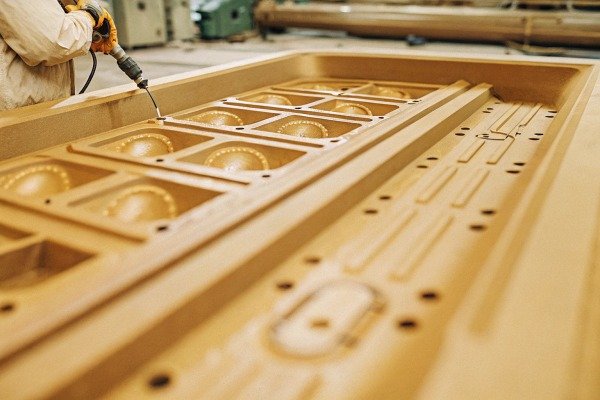 Worker using tool on metal mold in factory (ID#2)