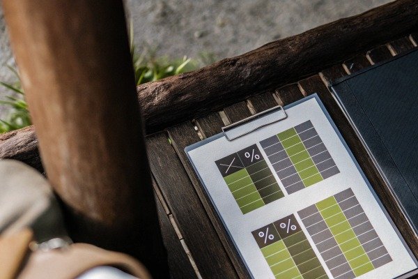 Financial charts on clipboard outdoors (ID#2)
