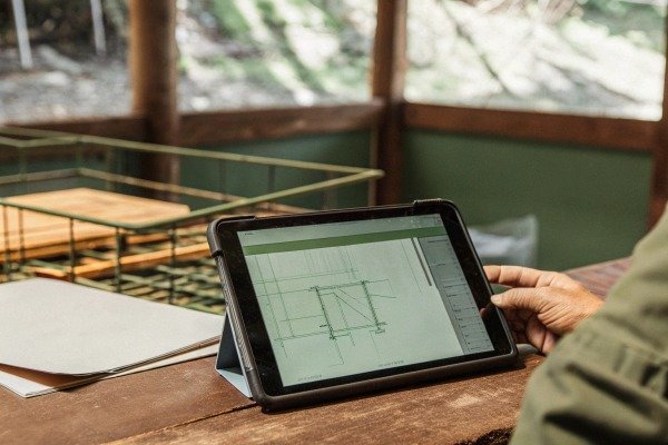 Tablet showing architectural blueprint on desk (ID#4)