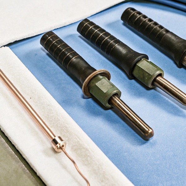 Close-up of welding electrodes on blue cloth (ID#1)