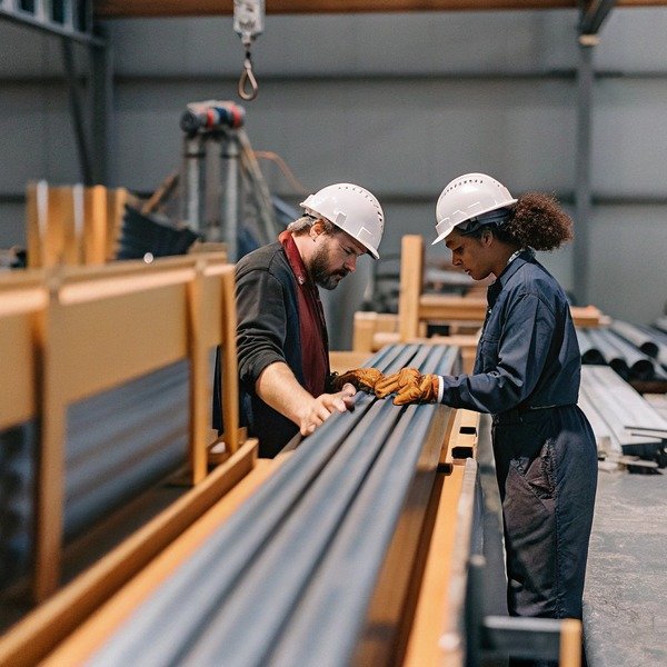 Ouvriers inspectant des tuyaux en métal dans une usine (ID#1)
