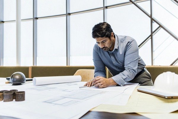 Ingénieur examinant des plans sur un bureau (ID#2)