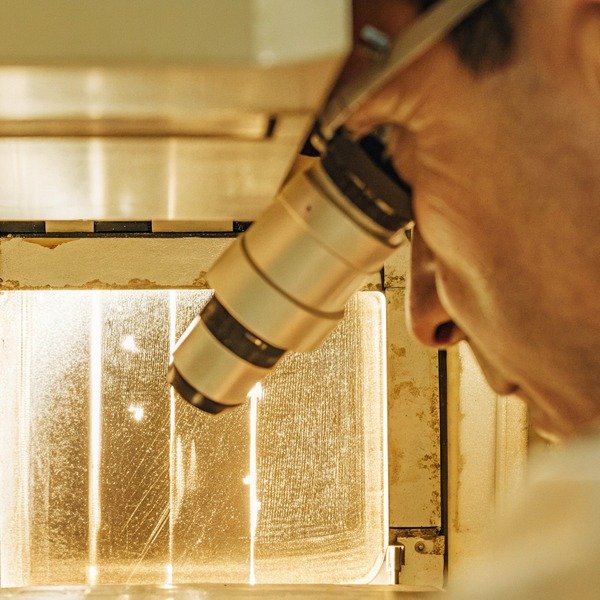 Scientist examining sample through microscope (ID#1)