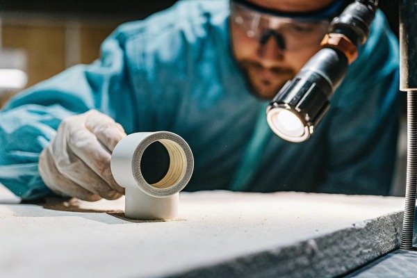 Worker inspecting pipe fitting closely (ID#4)