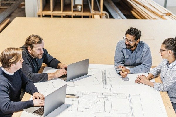 Команда обсуждает архитектурные планы с ноутбуками (ID#4)