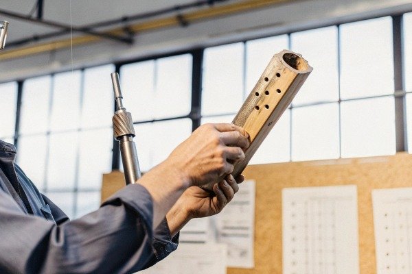 Человек инспектирует механическую деталь в мастерской (ID#5)