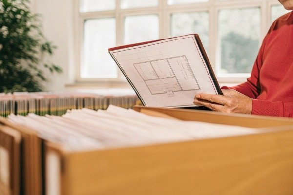 Человек просматривает архитектурные планы в офисе (ID#5)