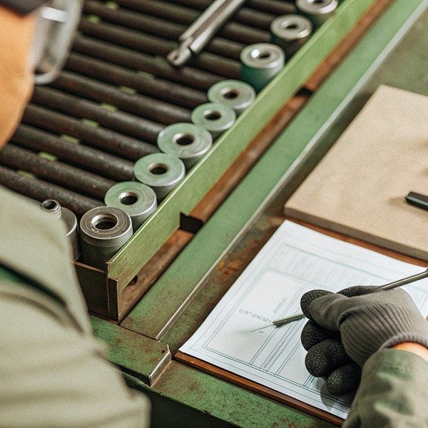 Worker checking parts and documents on table (ID#1)
