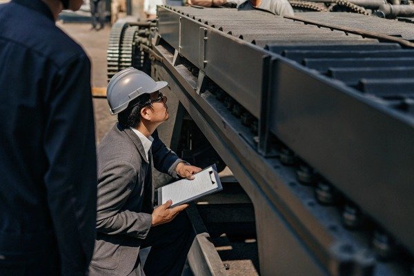 Engineer inspecting conveyor belt machinery (ID#3)