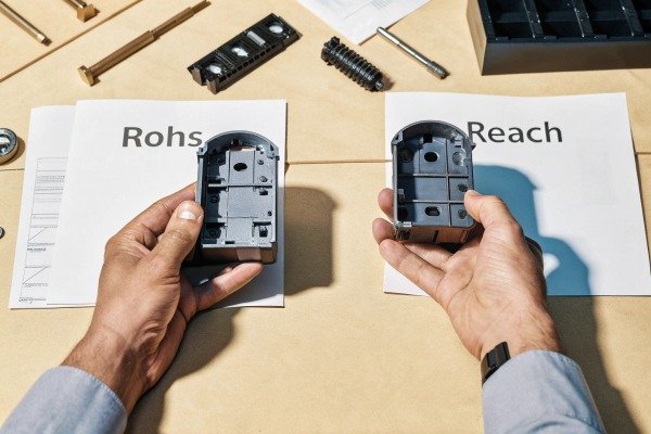 Hands holding plastic parts over RoHS and REACH papers (ID#2)