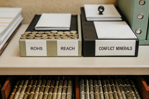 Boxes labeled RoHS, REACH, and Conflict Minerals on shelf (ID#3)
