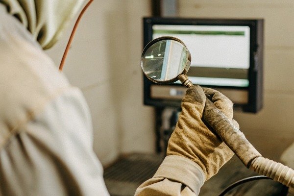 Person holding magnifying glass inspecting screen (ID#4)
