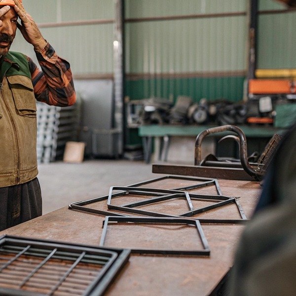 Man working with metal frames in workshop (ID#1)