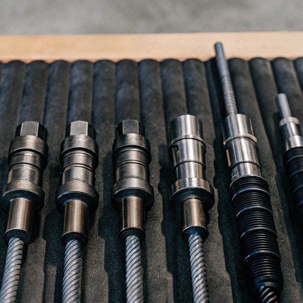 Close-up of metal threaded rods and connectors (ID#1)