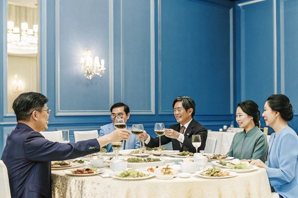 Group toasting at formal dinner table (ID#3)