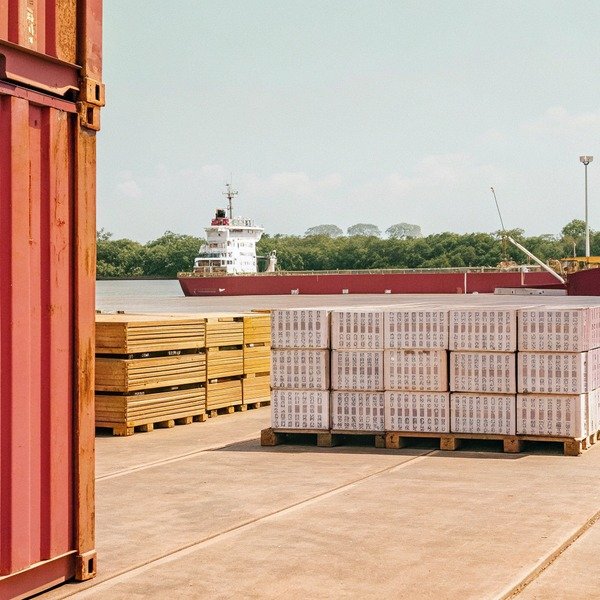 Shipping containers and cargo pallets at port (ID#1)